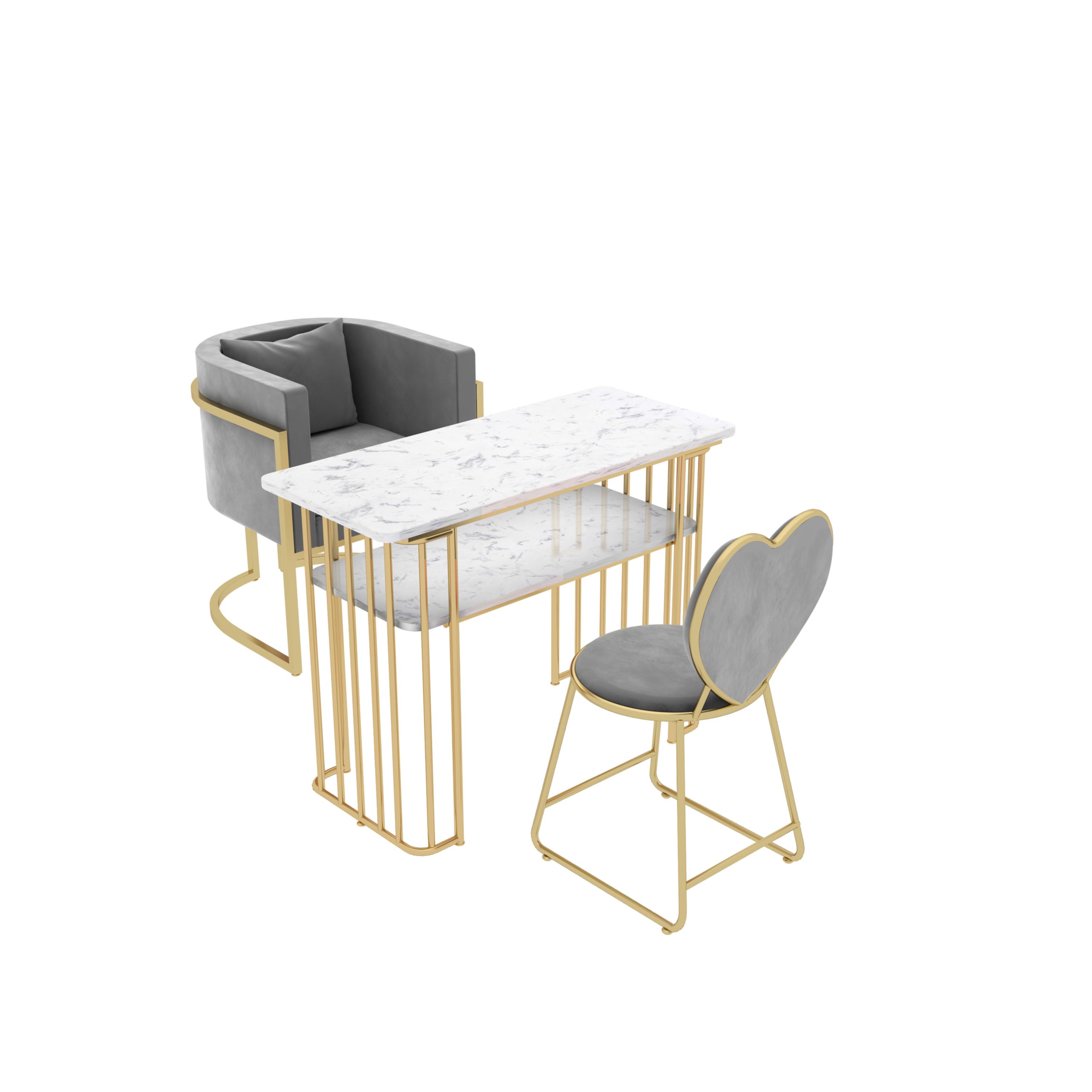 Nórdico de hierro forjado de doble capa de mesa de manicuras de mármol, sofá y silla red, mesa de manicuras de oro para una persona doble