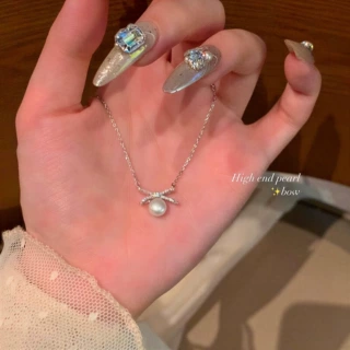 银贝S925纯银纯天然淡水珍珠蕾丝蝴蝶结项链女轻奢百搭甜美风吊坠