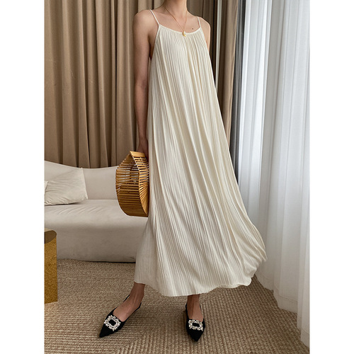 Sinan's unmistakable high-end leather spaghetti strap French drape accordion pleated suspender dress SN3221