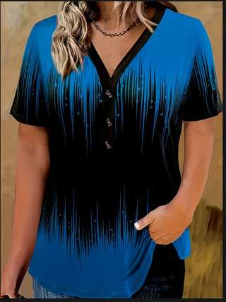 2025 Spring and Autumn Seasonal Striped Print V-Neck T-Shirt Casual Short-Sleeve Top for Plus Size Women