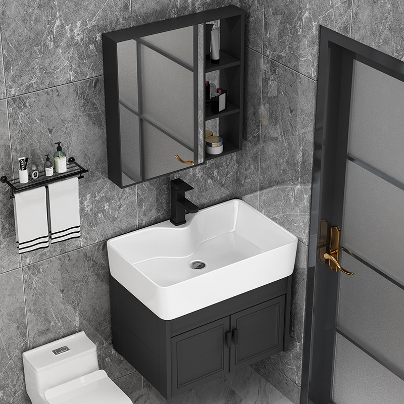 Pequeño apartamento baño gabinete negro lavabo combinación espejo gabinete lavabo baño inodoro mini
