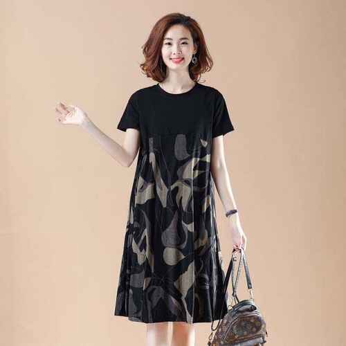 Mom dress, large size, 200kg, medium and long dress, women's summer dress, fat MM loose, slimming printed, short-sleeved A-line dress, women