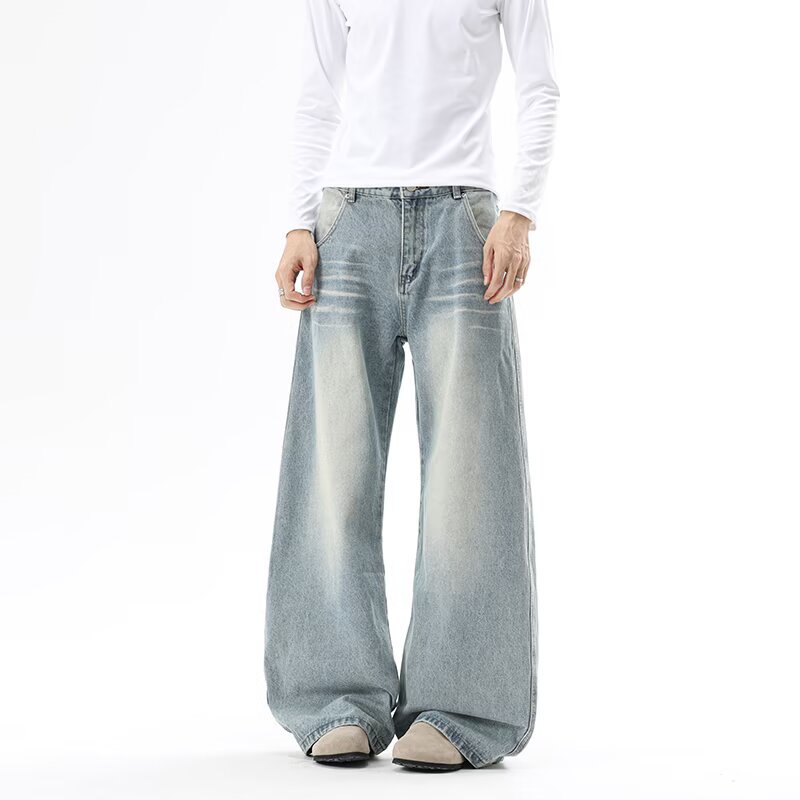 Vintage Washed Straight Leg Jeans For Men And Women, Comfort Fit Denim Trousers With Classic Whiskering, Retro High-Street Style_viptrois.com