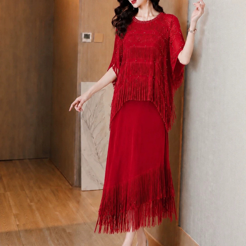 2026 New Fashion Casual Batwing Sleeve Heavy Beading Luxury Style Commuter Issey Miyake Style Short-Sleeve Fashion Dress