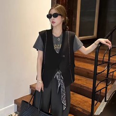 明线一粒扣V领西装马夹外套女早秋新款宽松显瘦背心外穿马甲上衣