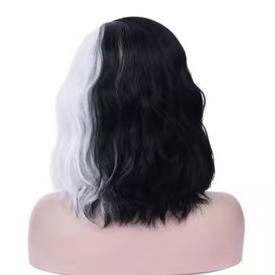 Peluca Yin y Yang en blanco y negro exclusiva transfronteriza peluca rizada de longitud media sin flequillo ONDA Cubierta de la cabeza de costura peluca kuila