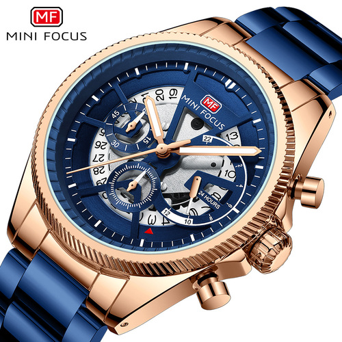 MINI FOCUS Watch Hollow Mechanical Style Men's Multi-functional Waterproof Quartz Watch Steel Strap Men's Watch 0490G