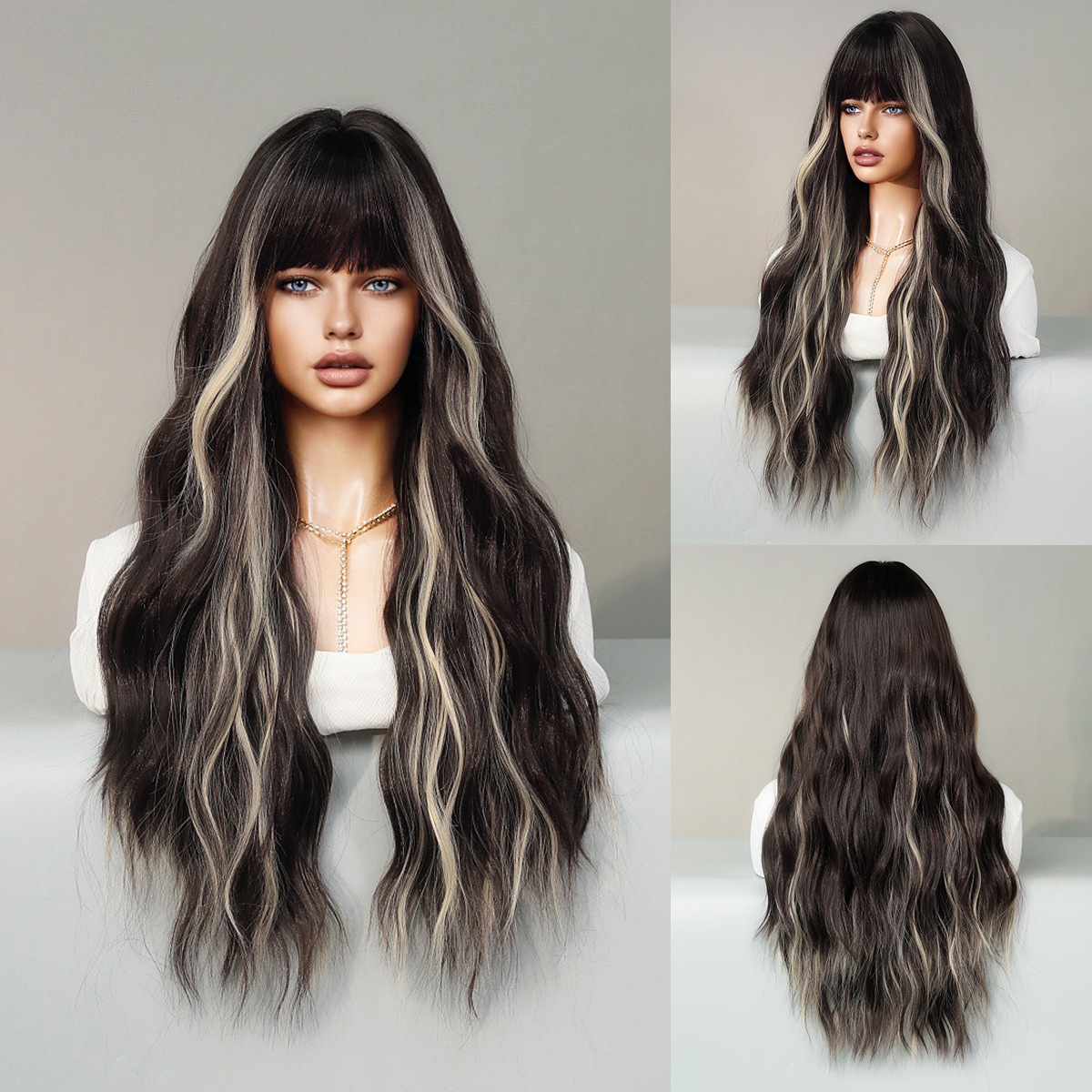 Long Synthetic Wig With Gradient Colour Water Ripple Bangs_voghion.com