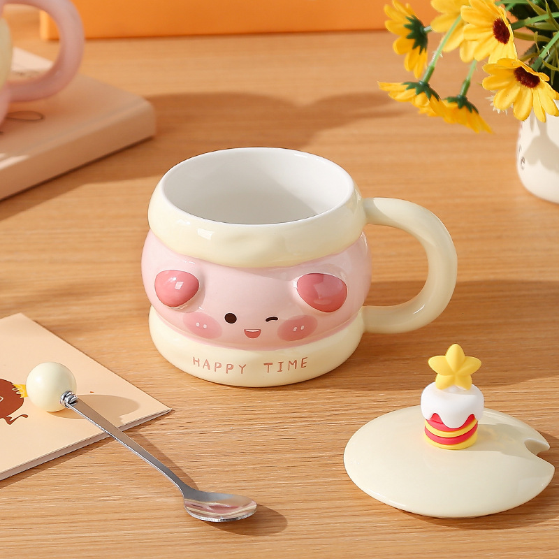 Caricatura encantadora taza de cerámica de animales, taza de regalo de cumpleaños para niñas, taza de pastel sandwich con cucharas de cubierta image 5