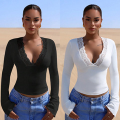 European and American cross-border Amazon ins2025 new V-neck spliced ​​lace lace sexy hot girl long-sleeved slim body
