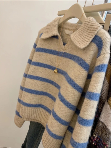 Oversized Blue Striped Polo Collar Long Sleeve Soft Knit Top Sweater for Women, Crew Neck, Fall/Winter New Casual Top