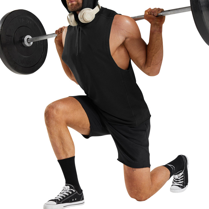 Új fitnesz és sport trikó felső, férfi lezser egyszínű póló, ujjatlan kapucnis pulóver fűzős rögzítéssel_voghion.com