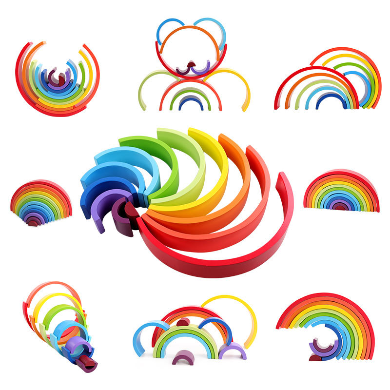 Los niños de madera del arco iris bloques de construcción juguetes bebé color cognición educación de la primera infancia apilamiento altura 3-7-10 años juguetes