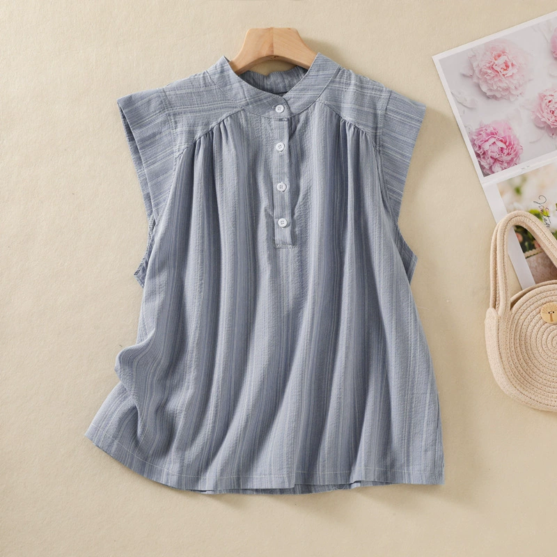 Реальная фотосессия · Литературный идиллический стиль повседневная хлопковая и льняная полосатая рубашка простой темперамент