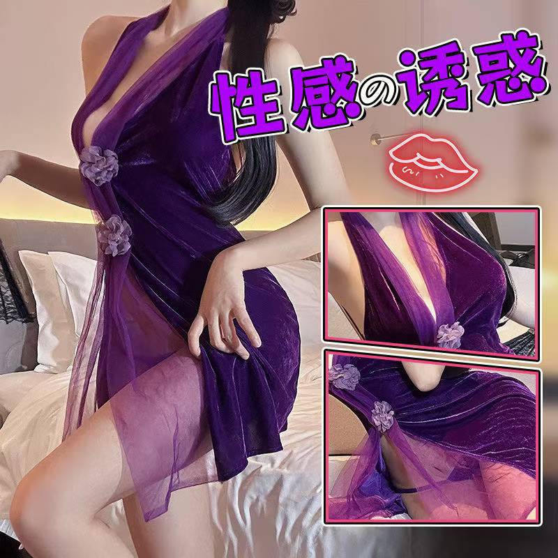 Jiao Hua Youmeng 벨벳 레이디 청삼 유니폼 섹스 란제리 섹시 퓨어 누드 백 외침 옷 유혹 파자마