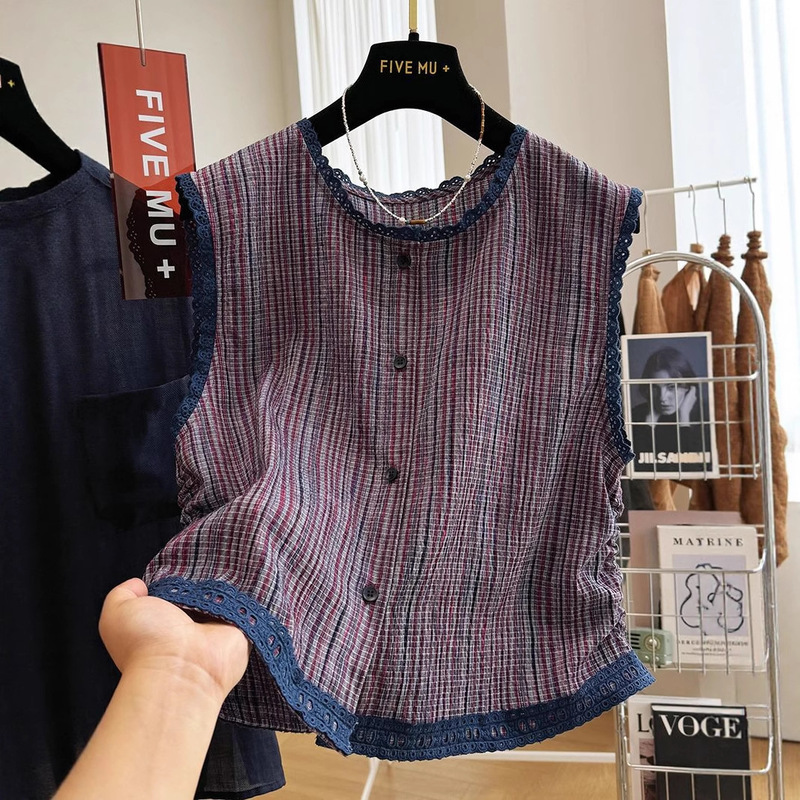 French Lace Single-Breasted Plaid Shirt for Women 2025 Summer New Style Super Nice and Versatile Sleeveless Top