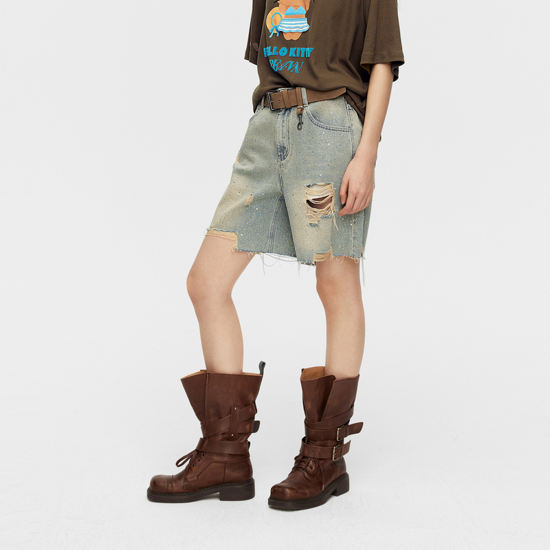 Revan Designer Vintage Relaxed Style Ripped Denim Shorts with Fringe and Full Rhinestones, Mid-High Waist, Five-Point Length
