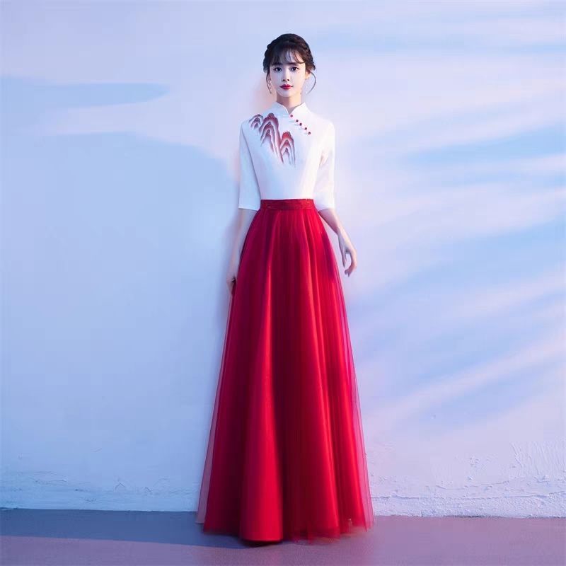 合唱演出服长裙红歌舞台合唱团成人比赛指挥表演服红色礼服|undefined