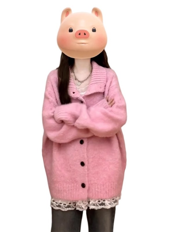慵懒风甜美女翻领针织开衫粉色毛衣女新款初秋季韩系休闲宽松上衣|undefined