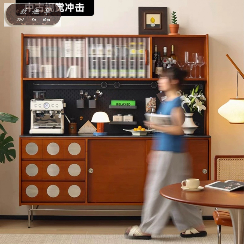 靠墙岩板茶水柜日式复古收纳储物柜高柜北欧中古实木餐边柜一体式|undefined