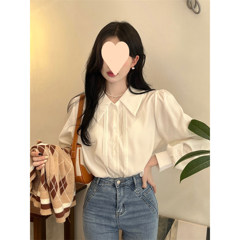 法式白色领长袖衬衫女秋季设计感小众高级内搭衬衣小个子上衣|undefined