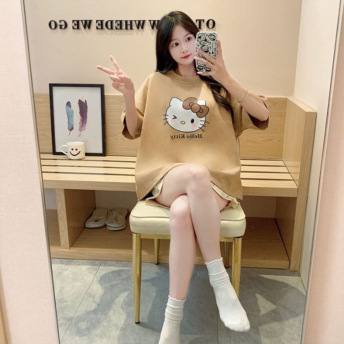 Venta al por mayor transfronteriza verano nuevo estilo cuello redondo pijamas estampados de dibujos animados pantalones cortos de manga corta para mujer