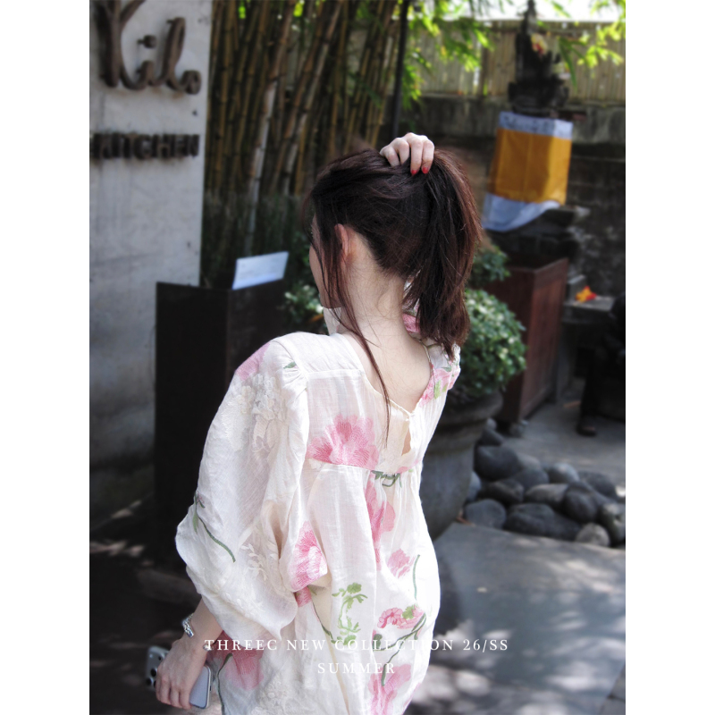 "Peony" Heavy-Duty Large Flower Embroidery Ramie Sun-Protective Shirt for Women, Designer Loose-Fitting Top