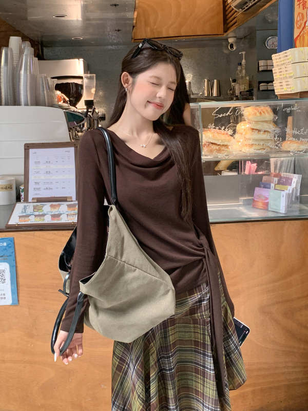 咖色荡领侧绑带长袖T恤女秋季新款内搭打底衫设计感修身显瘦上衣|undefined