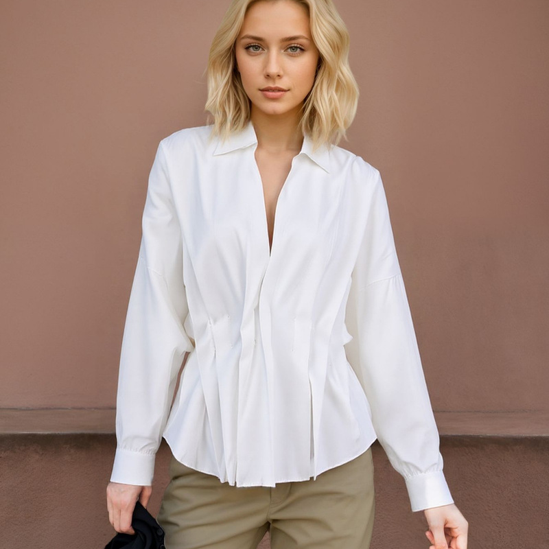European and American Spring New Three-Dimensional Tailoring Delicate Front and Back Asymmetric Top Drop Shoulder Sleeve V-Neck Shirt for Women Autumn