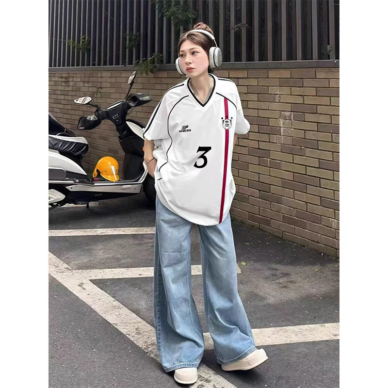 アメリカンレトロカレッジスタイルピュアコットンVネック半袖Tシャツレディース2025年夏新作スプライシングスリーストライプスカップルトップ|undefined