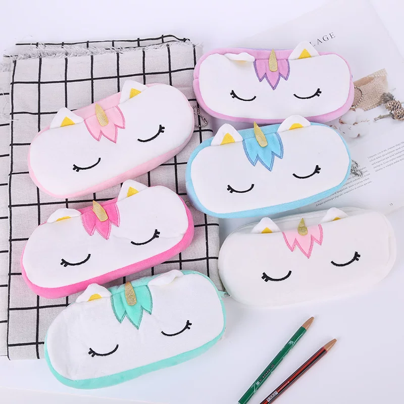 Capacious plush pencil case, stationery, cartoon teaching storage bag for elementary school students, unicorn