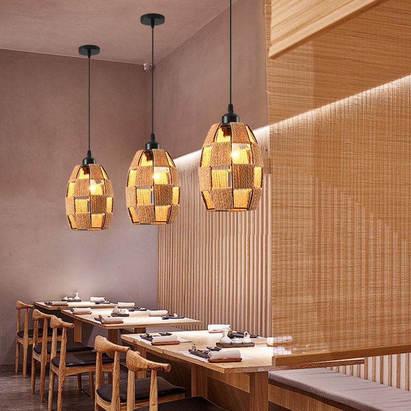 Estilo japonés retro araña simple creativo dormitorio sala de estar lámpara restaurante tejido a mano cama y desayuno cáñamo lámpara de cuerda