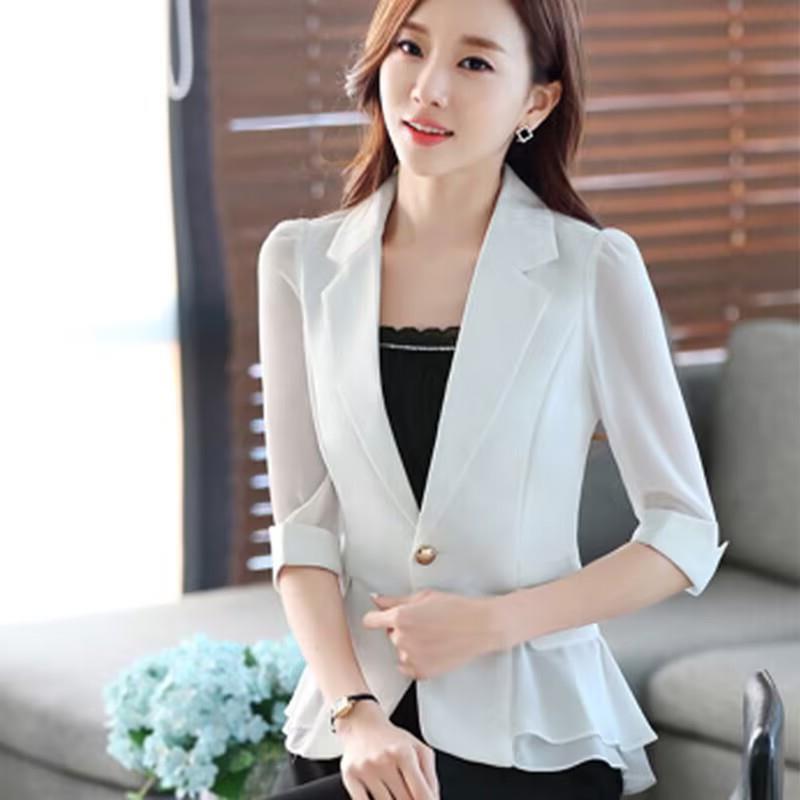 Cross-border Spring and Autumn Summer New Small Suit Jacket Short Slim-fit One-button Seven-point Sleeve Ruffled Chiffon Thin Suit