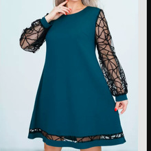 欧美2025新款女士蕾丝拼接圆领长袖袖气质休闲大码连衣裙女装