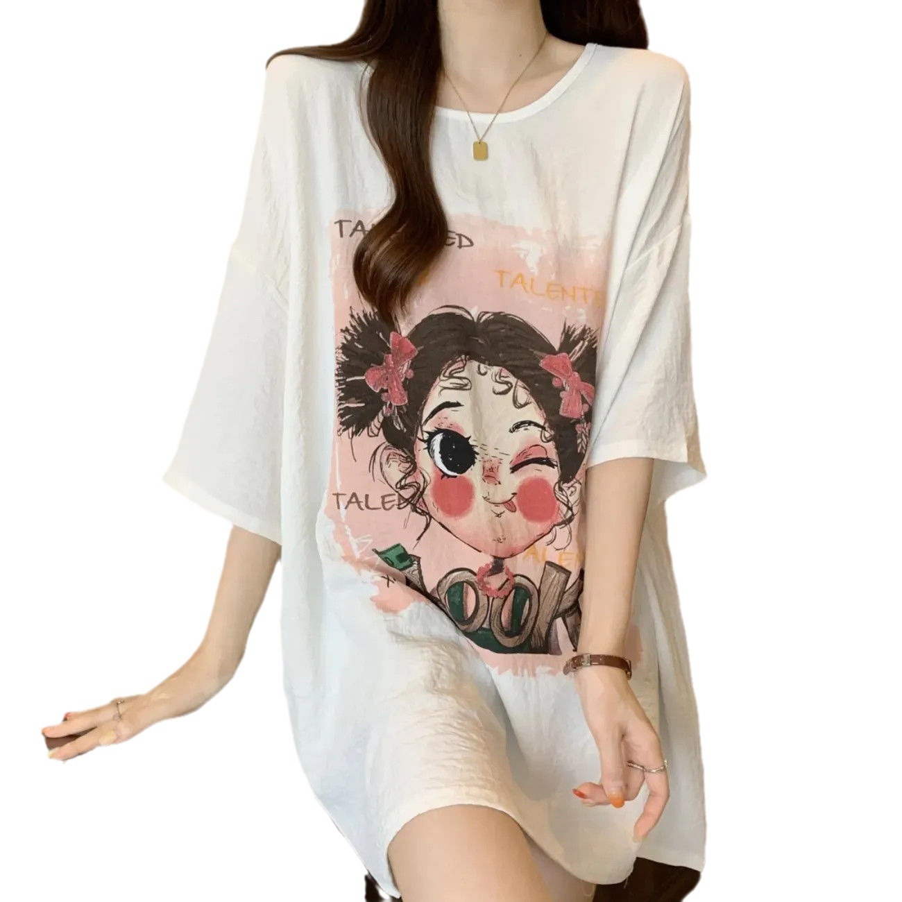 Camiseta de seda de hielo de manga corta de mm gordo de gran tamaño para mujer, camisa de fondo con estampado de dibujos animados de longitud media delgada de verano image 6