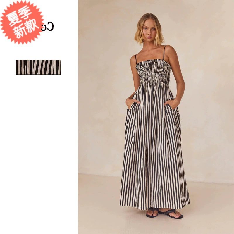 24-летнее европейское и американское трансграничное весеннее и летнее платье в полоску с резиновым принтом