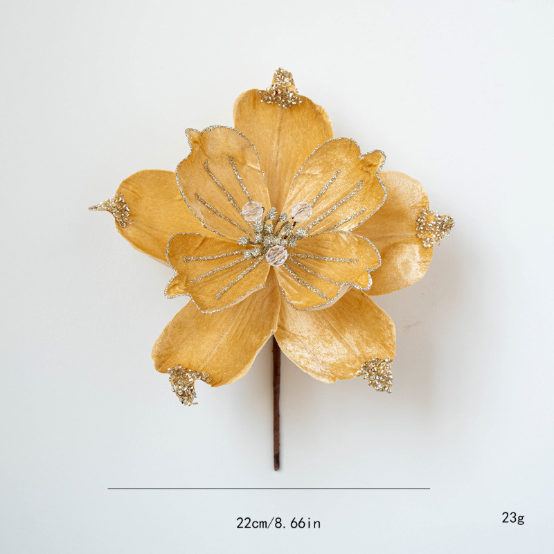 跨境新品圣诞节装饰品仿真花圣诞花22cm布艺粘粉亮片仿真玉兰花|undefined