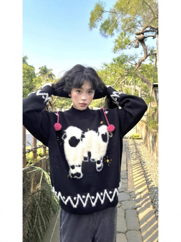 跨境韩系毛茸茸软糯绵羊提花黑色毛衣女秋冬宽松慵懒风长袖针织衫|undefined