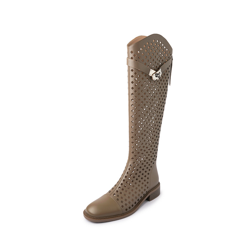 Boot nữ cổ cao lỗ rỗng dây thắt lưng khóa — Màu đen