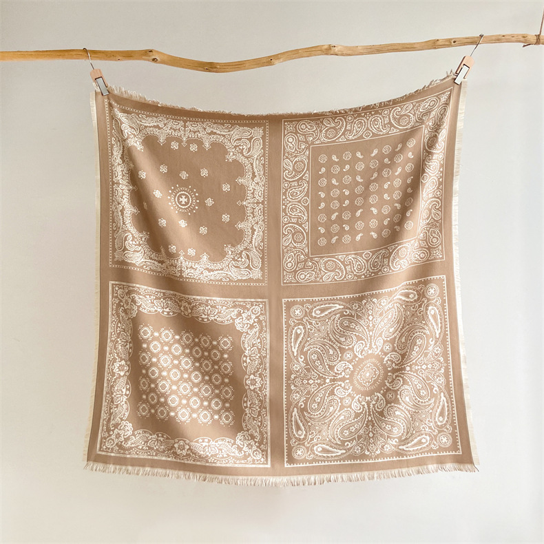 Predimenzionirani kašmirski kvadratni šal u etničkom stilu, ženski debeli šal s resicama, topli šal s cvijetom indijskih oraščića_voghion.com