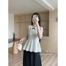 夏季新款韩系无袖撞色蝴蝶结针织收腰显瘦修身裙摆气质小衫上衣女