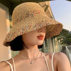 パンパン雅風カラー木珠麦わら帽子女夏の大きなつば草編み漁師帽折り畳み可能な海辺の日よけ日焼け止め帽