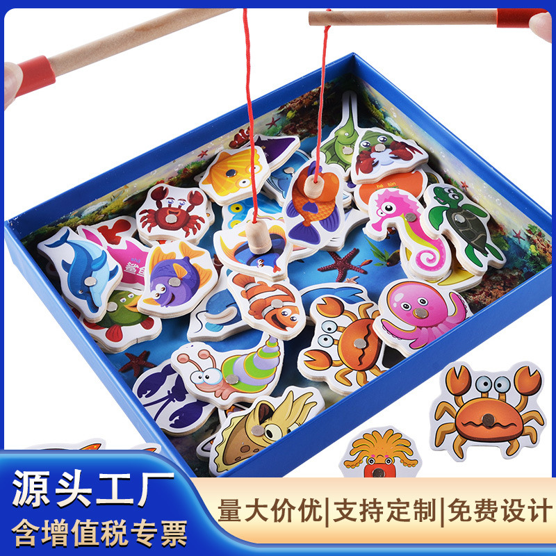 Wooden magnetic marine cognitive toy for fishing