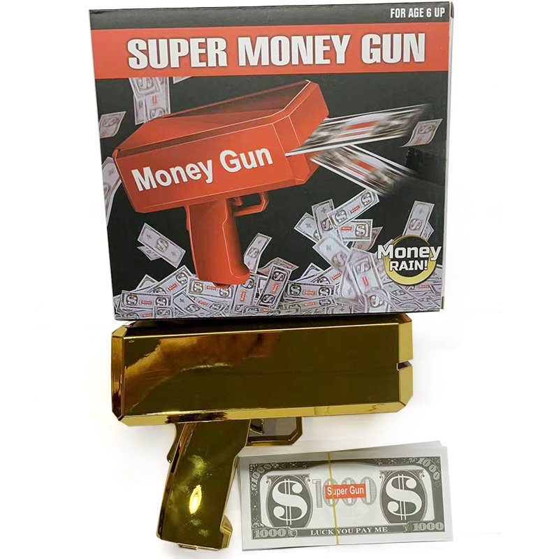 Venta de oro caliente MoneyGun pistolas de pulverización de dinero, pistolas de pulverización de dinero, juguetes, pistolas de billetes, pistolas de juguete