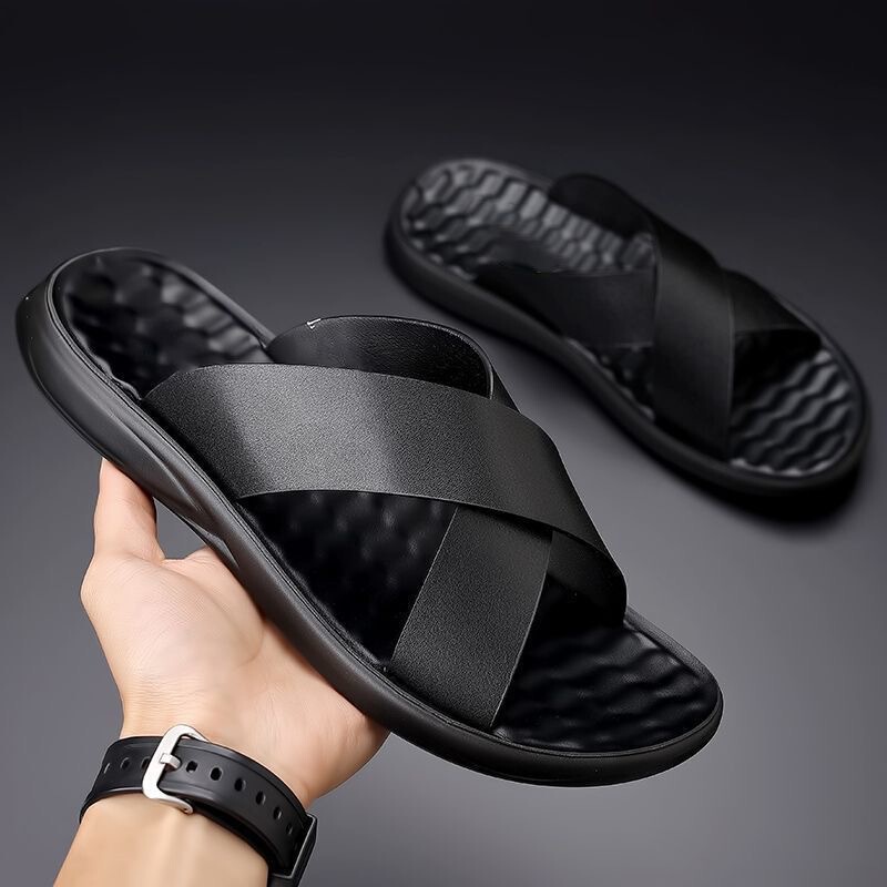 New Soft Leather Soft-Soled Slippers, Trendy Men's Shoes, Summer Casual Deodorant Outdoor Men's Sandals and Slippers, Drop Shipping