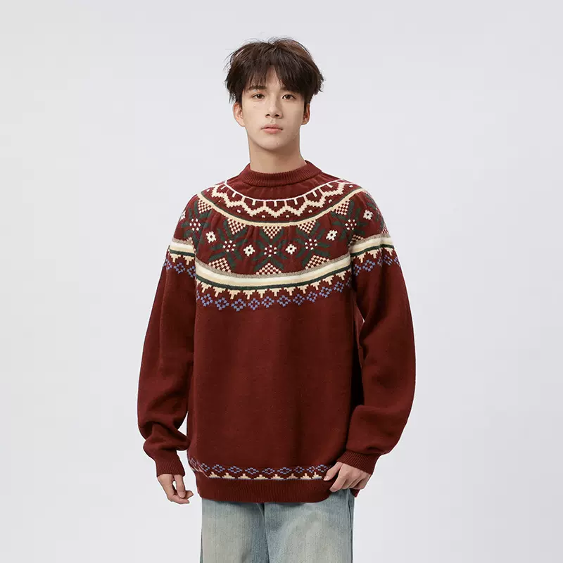 OOTD民族风图案提花针织衫外套秋冬新款费尔岛慵懒毛衣美式线衫男