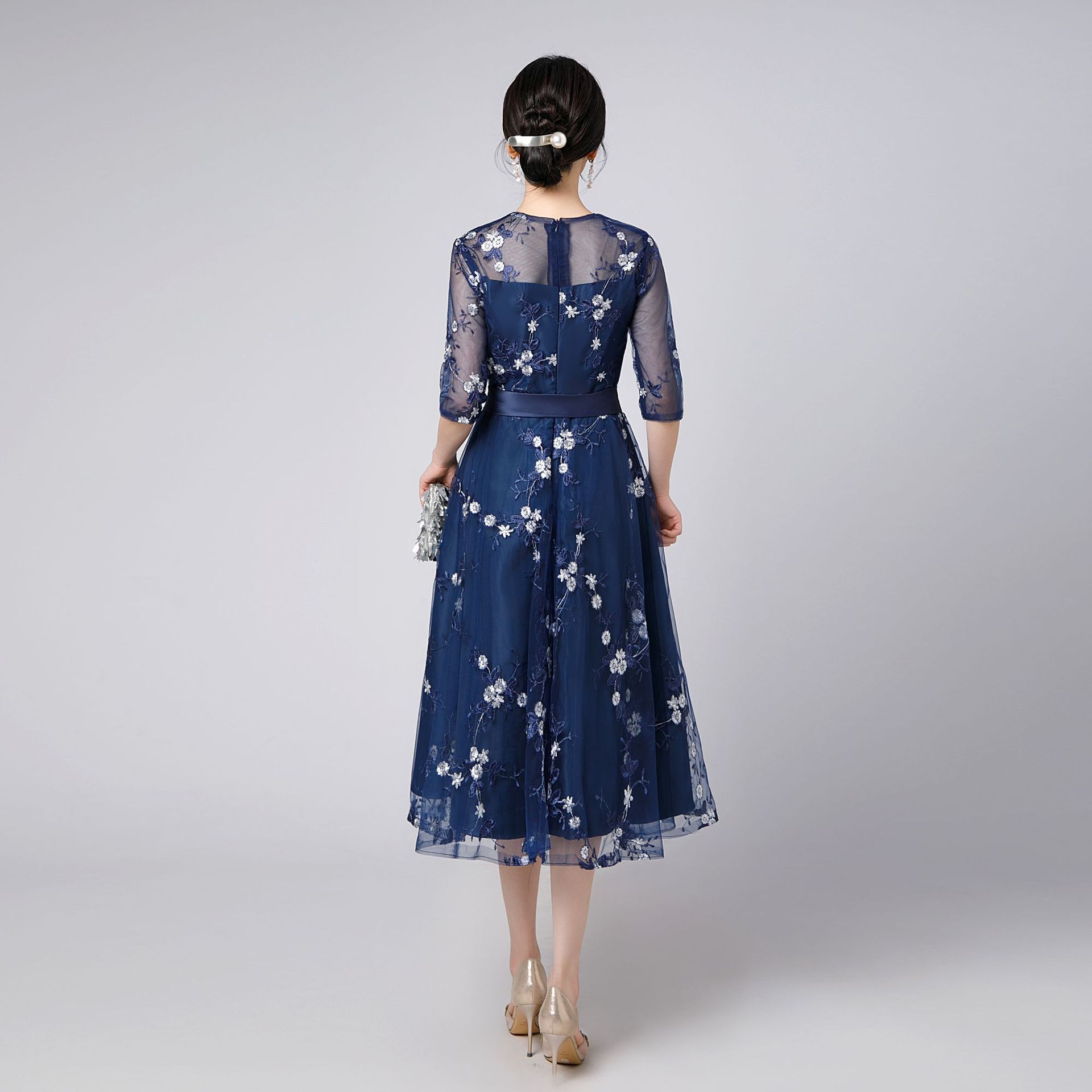 Vestido de noche de encaje 2026, nuevo diseño floral, longitud media, malla, cuello redondo, AliExpress, sitio independiente, vestido petite