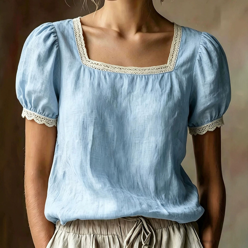 2026 Summer New Style European and American Cross-Border Foreign Trade Temu Lace-Trimmed French Puff Sleeve Top Short-Sleeved T-Shirt 2026 Summer New Style European and American Cross-Border Foreign Trade Temu Lace-Trimmed French Puff Sleeve Top Short-Sleeved T-Shirt