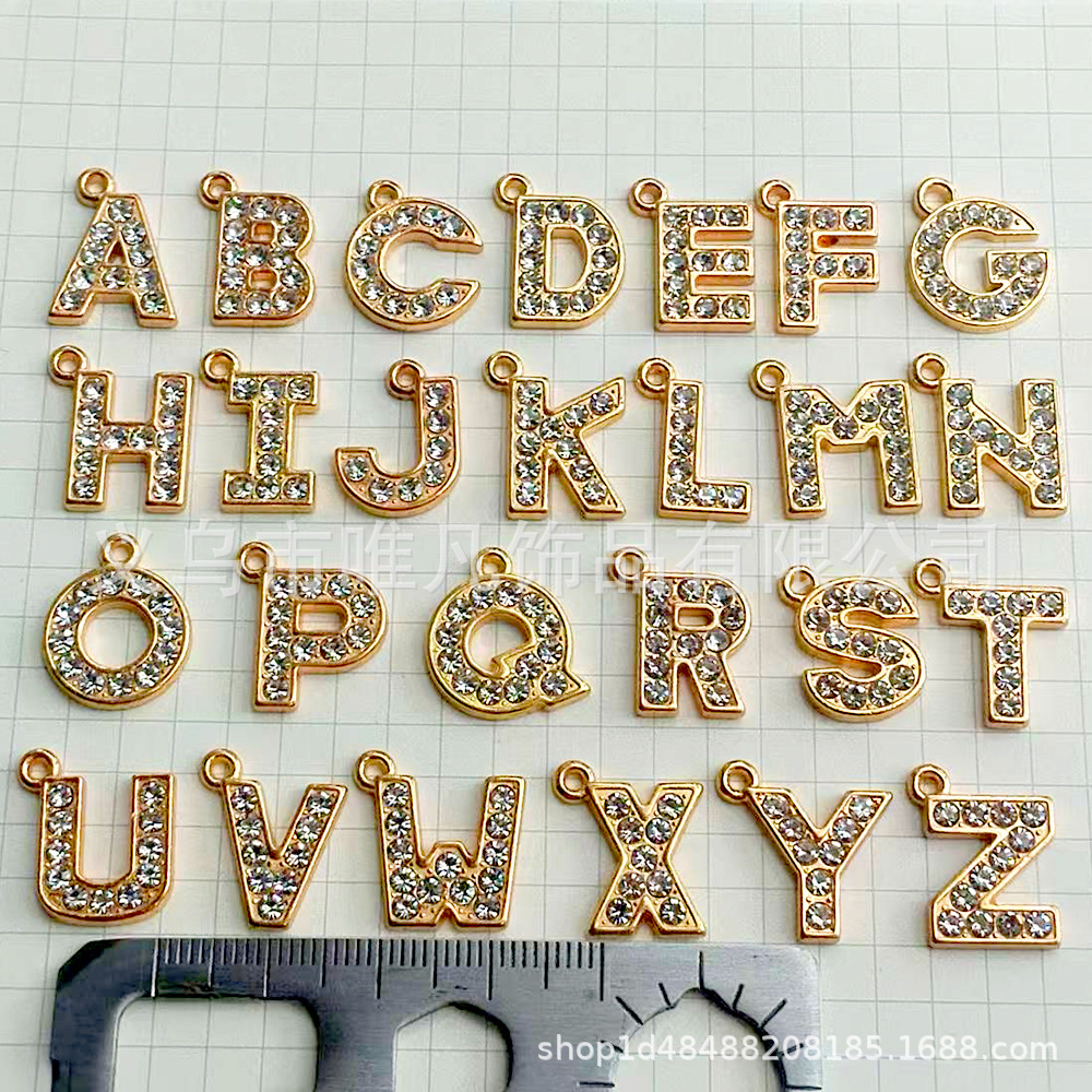 批发合金铬色/金色 15MM吊全钻字母diy水钻字母各种字母数字扣头