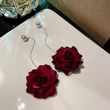 欧美新款酒红色花朵长款流苏耳钉时尚创意玫瑰花耳环花卉耳线批发